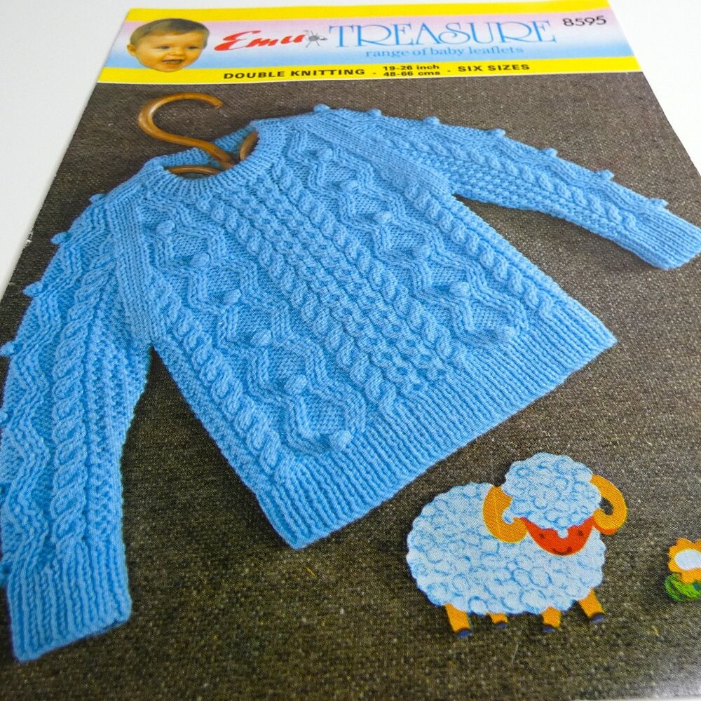 Vintage Baby Sweater Pattern UK British Emu Double Knitting 6 Sizes 19" to 26"